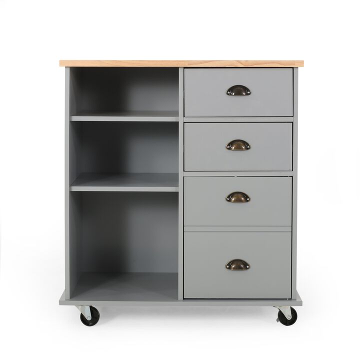Rolling Kitchen Island Bar Cart, Drawers Shelves, Wheels, Brown, Gray - Benzara