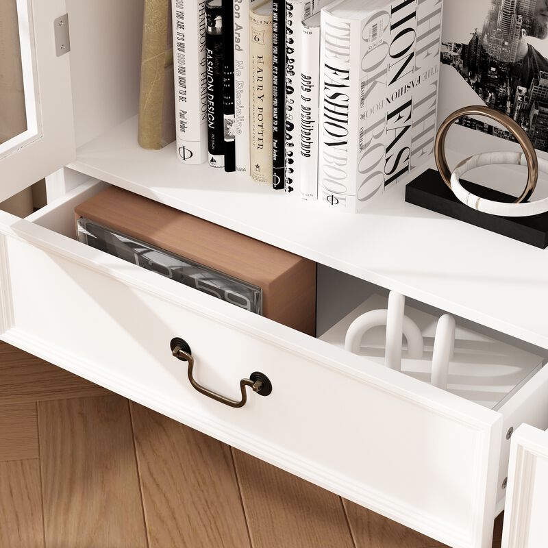 FUFU&GAGA Modern White Bookcase with Glass Doors, 2 Drawers & 8 Shelves, Elegant Storage for Living Room, Bedroom, or Office (77.2"H x 50.4"W x 15.7"D), White