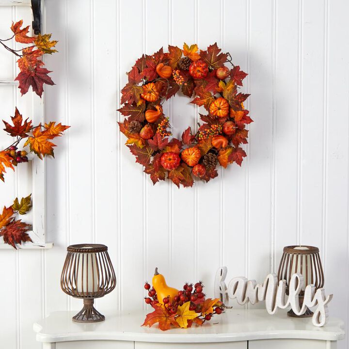 Hivvago 24" Autumn Maple Leaves, Pumpkin, Pinecone and Berries Artificial Fall Wreath