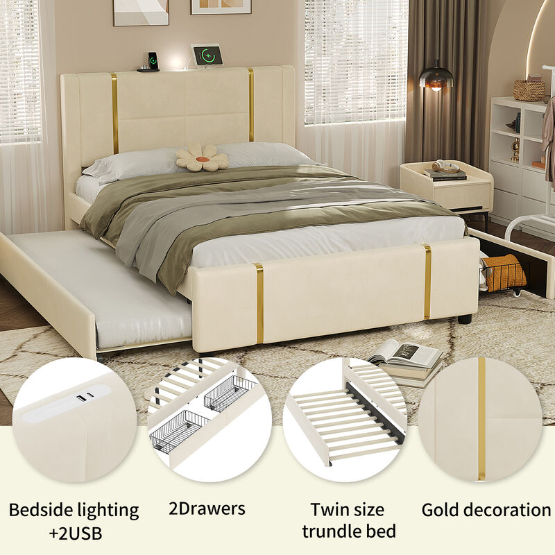 Merax PU Upholstered Platform Bed with Trundle