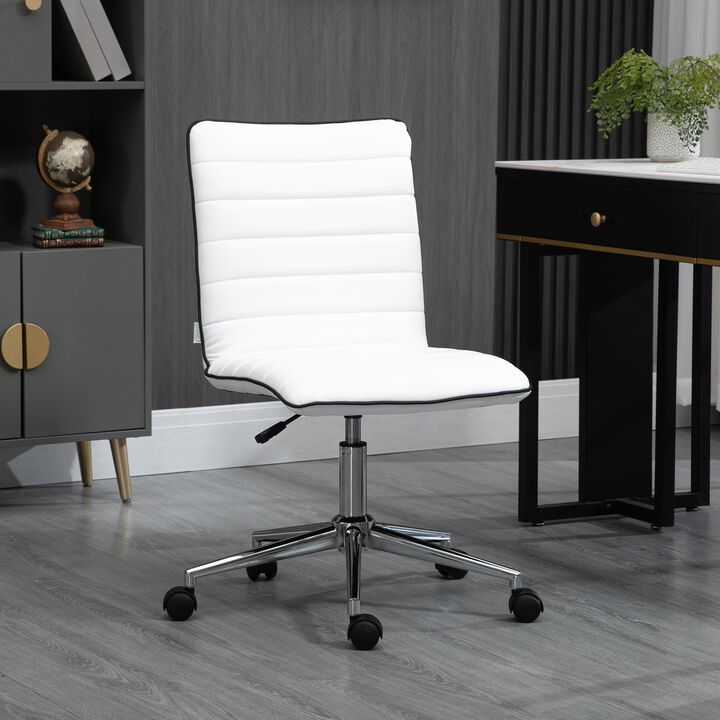 White Office Swivel: Designer Armless Task Chair with Ribbed Leather