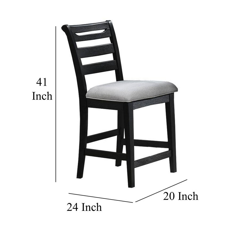 Remus Bar Height Chair, Ladder Back, Black Embossed Wood, Gray Fabric - Benzara