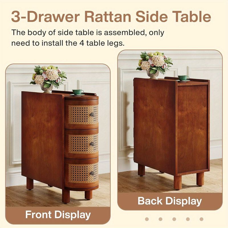 Office Reception Desk, 3-Drawer Rattan End Table, Sofa Side Table with Vintage Embossed Handles, Slim Nightstand for Living Room, Bedroom