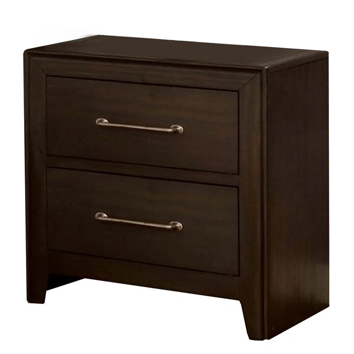 Nightstand with 2 Drawers and Metal Bar Pulls, Walnut Brown-Benzara