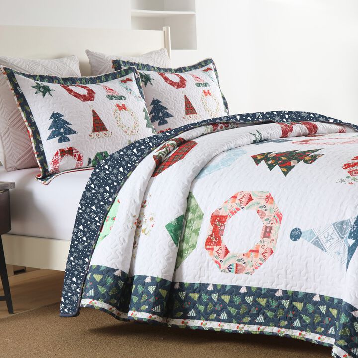 Marcielo 3 Pcs Winter Blue Candy Christmas Quilt Bedspread Set