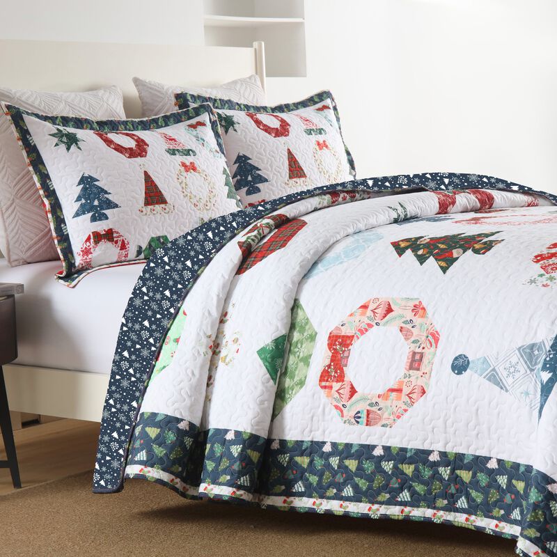 Marcielo 3 Pcs Winter Blue Candy Christmas Quilt Bedspread Set