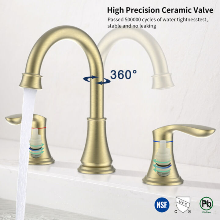 Modern Brushed Gold Widespread Bathroom Sink Faucet, 2-Handle 3-Hole Vanity Faucet with Swivel Spout