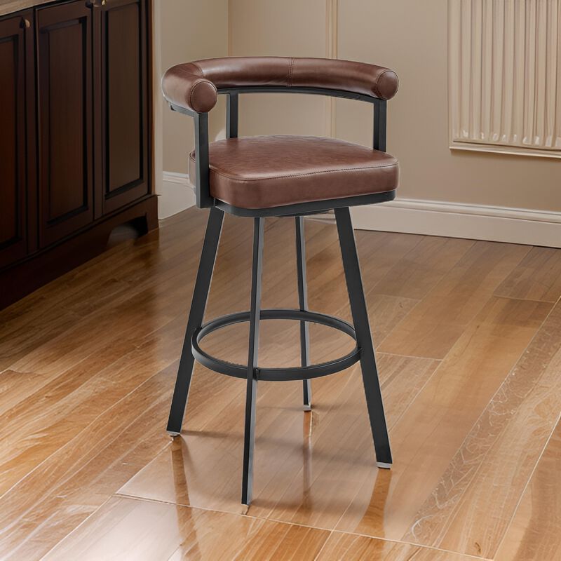 Weni 26 Inch Swivel Counter Stool Chair, Barrel Open Back, Black, Brown - Benzara