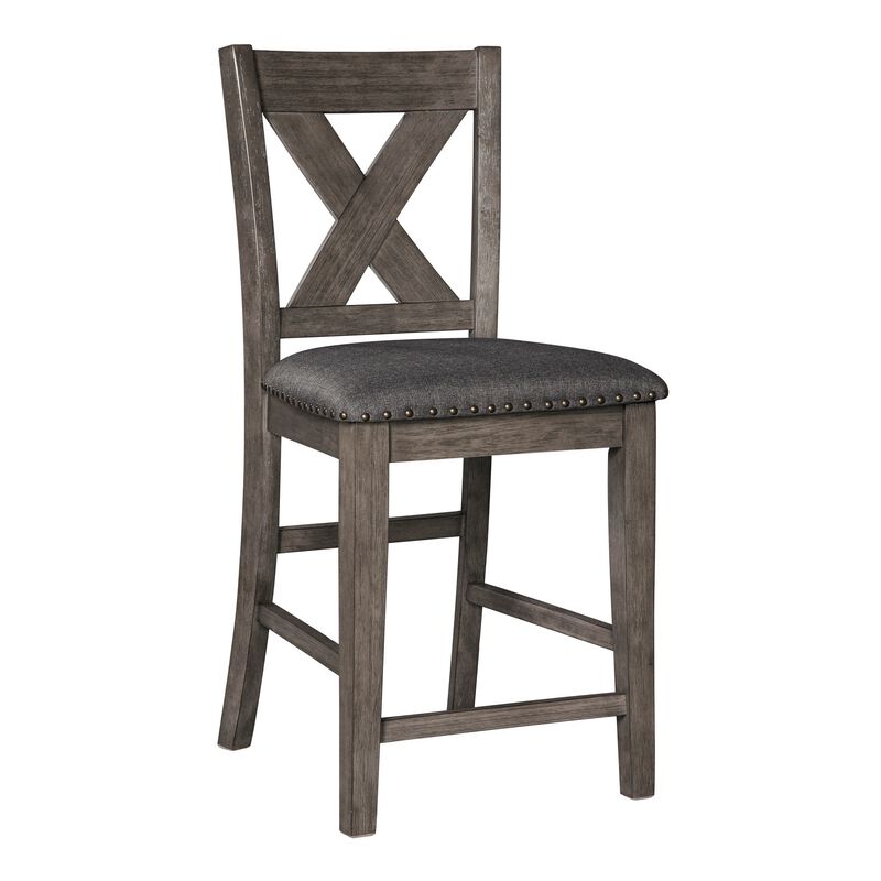 7 Piece Dining Table Set, Lattice Back Chairs, Dark Gray Wood, Polyester - Benzara