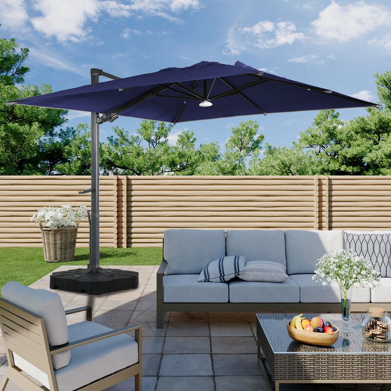 10 ft 360° Rotation Square Cantilever Patio Umbrella with BaseandBT in Navy Blue