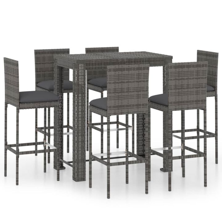 vidaXL 7 Piece Outdoor Bar Set with Cushions Poly Rattan Gray