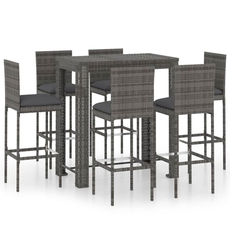 vidaXL 7 Piece Outdoor Bar Set with Cushions Poly Rattan Gray