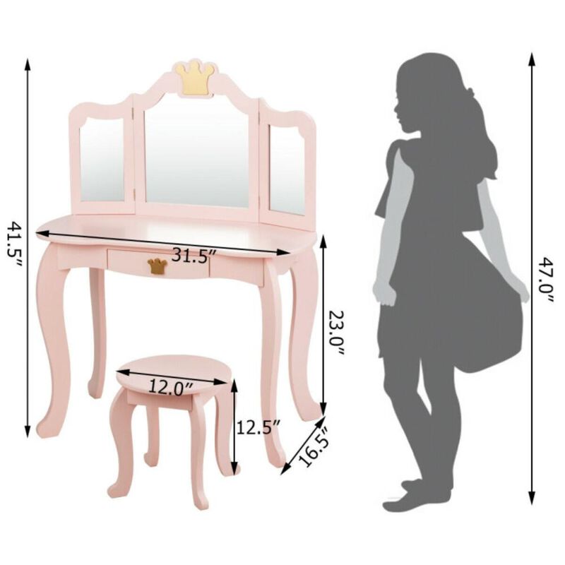 Hivvago Kids Makeup Dressing Table with Tri-folding Mirror and Stool