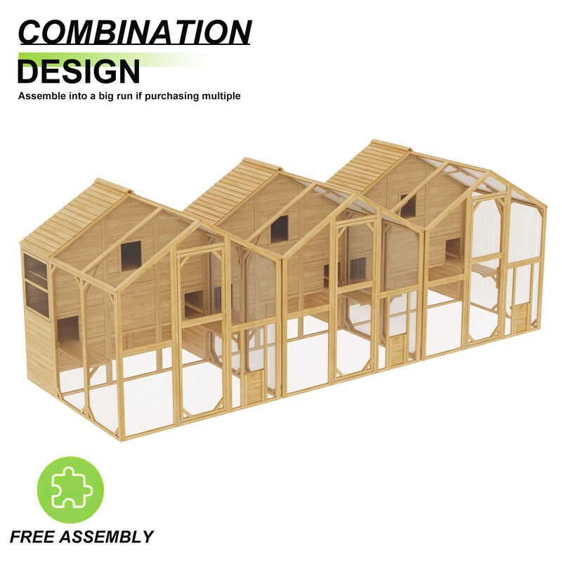 FUFU&GAGA Wood Convertible Chicken Coop & Rabbit Hutch with Triangular Top, Outdoor Mesh Design, and Weather-Resistant Features, (72.6" L x 66.5" W x 74.1" H), Yellow