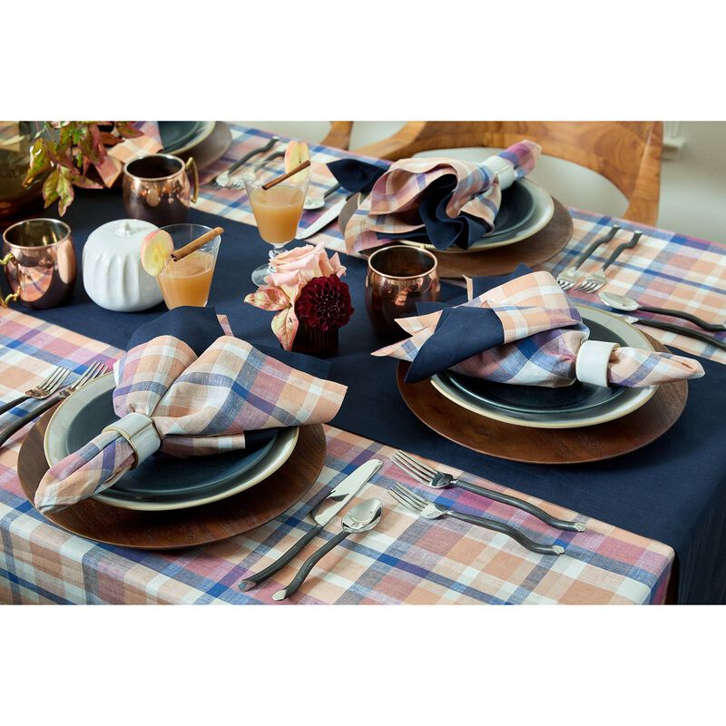 Solino Home 100% Pure Linen Table Throw 52 x 52 Inch | Fall Flavors Madras for Thanksgiving, Christmas