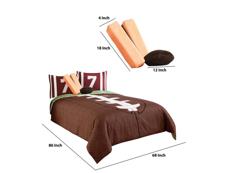 5 Piece Twin Comforter Set with Football Field Print, Brown and Green - Benzara