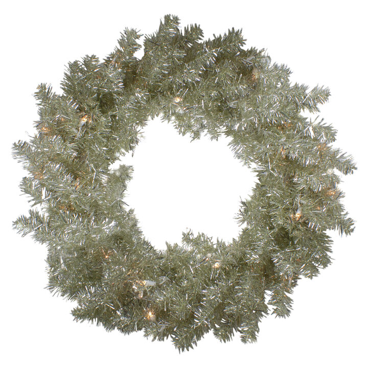 Pre-Lit Metallic Silver and Champagne Artificial Tinsel Christmas Wreath  24 inch  Clear Lights