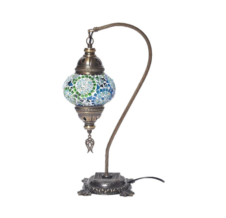 18 in. Handmade Swan Neck Turquoise Mosaic Glass Table Lamp with Brass Color Metal Base 18 in. Handmade Swan Neck Turquoise Mosaic Glass Table Lamp with Brass Color Metal Base