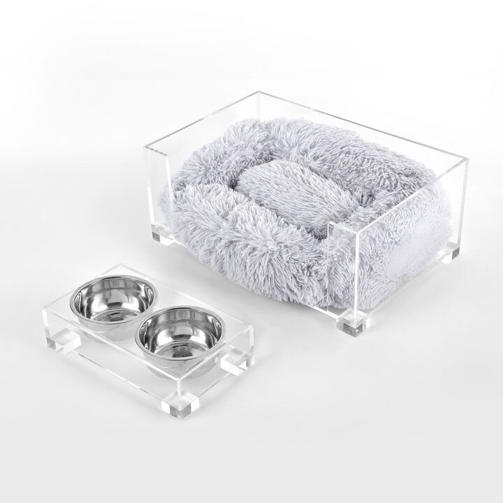 Billie Small Modern Lucite Calming Fluffy Pet Bed with Washable Cushion and Elevated Pet Feeder with 2-Stainless Steel Bowls (Set of 2)