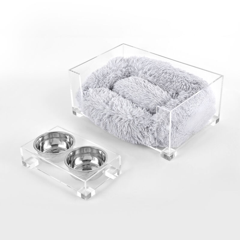 Billie Small Modern Lucite Calming Fluffy Pet Bed with Washable Cushion and Elevated Pet Feeder with 2-Stainless Steel Bowls (Set of 2)