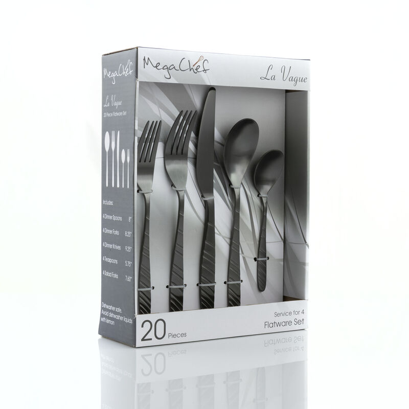 MegaChef La Vague 20 Piece Flatware Utensil Set, Stainless Steel Silverware Metal Service for 4 in Matte Black