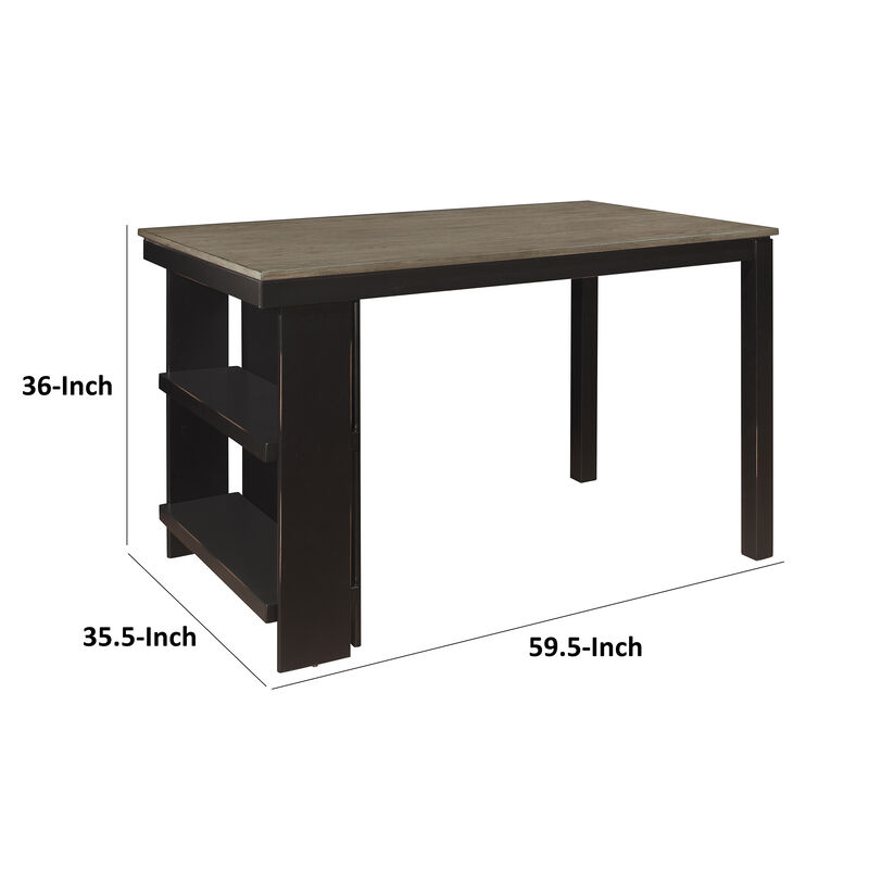 Tim 60 Inch Counter Height Table, 2 Built in Shelves, Gray, Black Wood - Benzara