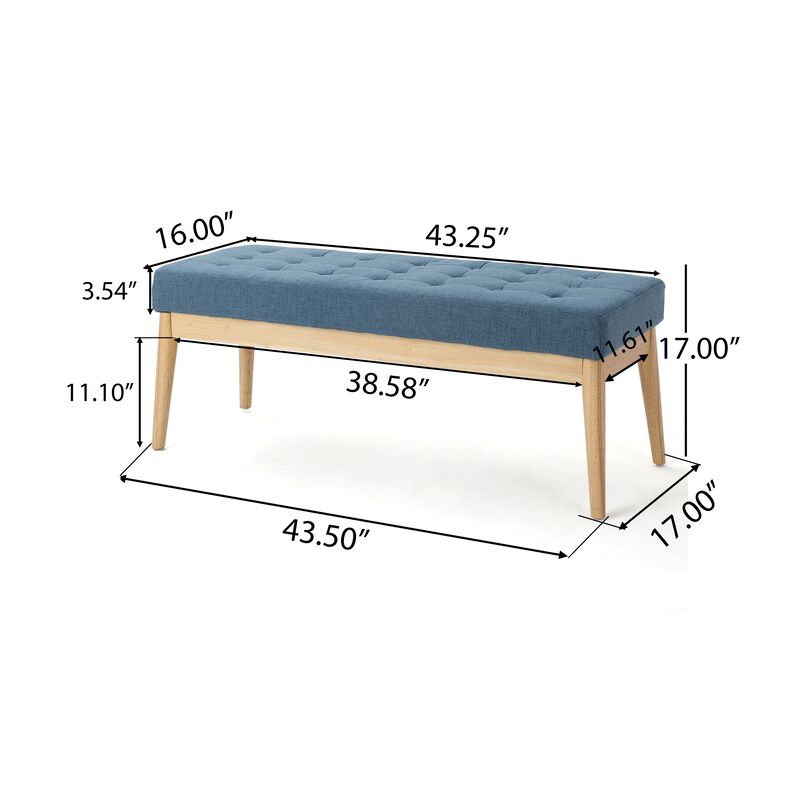 Gisa Ottoman Bench, Blue Fabric Tufted, Natural Brown Wood, 44 Inch -Benzara