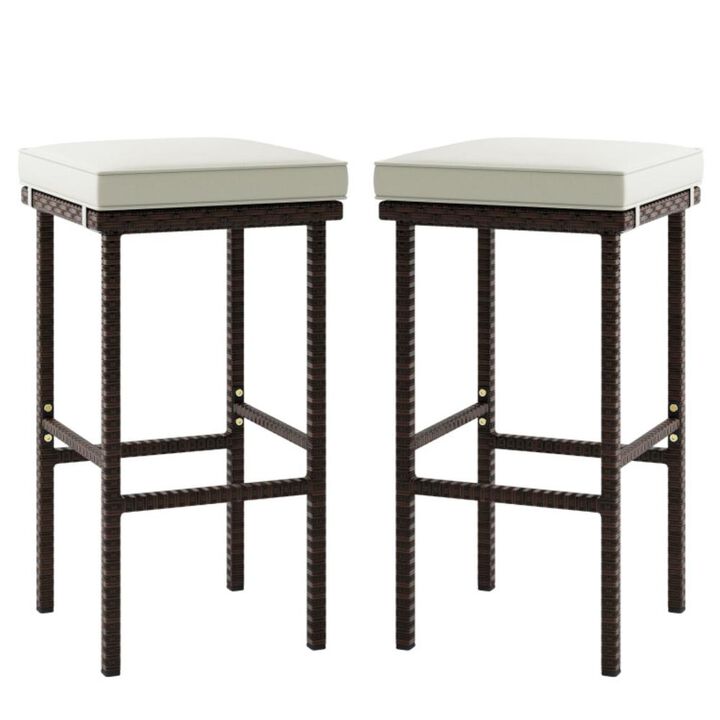 Hivvago Patio Wicker Bar Stools Set of 2 with Seat Cushions and Footrest