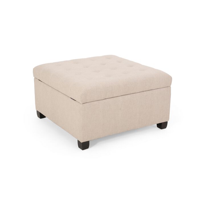 Cindy Storage Ottoman, Tufted Wheat Polyester, Brown Wood, 31 Inch - Benzara