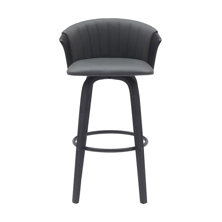 Oja 30 Inch Swivel Barstool Chair, Faux Leather, Curved Back, Black Wood - Benzara
