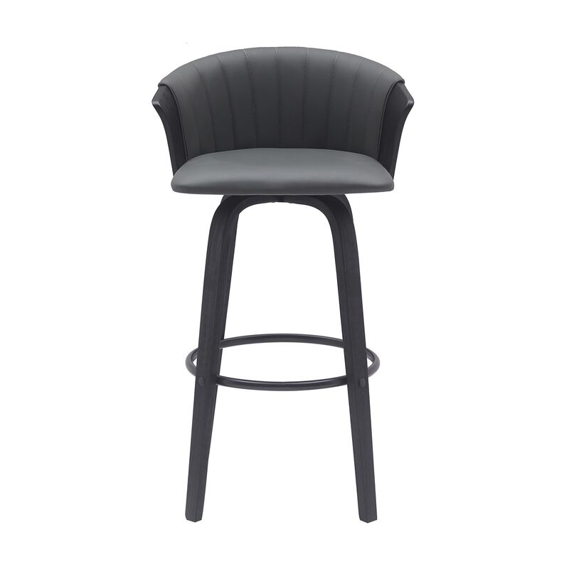 Oja 30 Inch Swivel Barstool Chair, Faux Leather, Curved Back, Black Wood - Benzara