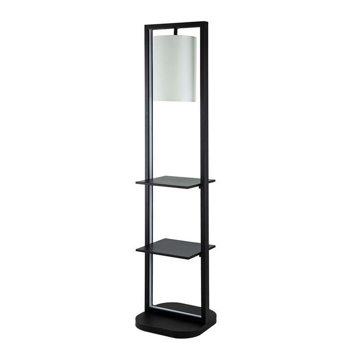 74 Inch Floor Lamp with 2 Shelves, Round Lampshade, Black Iron, White - Benzara