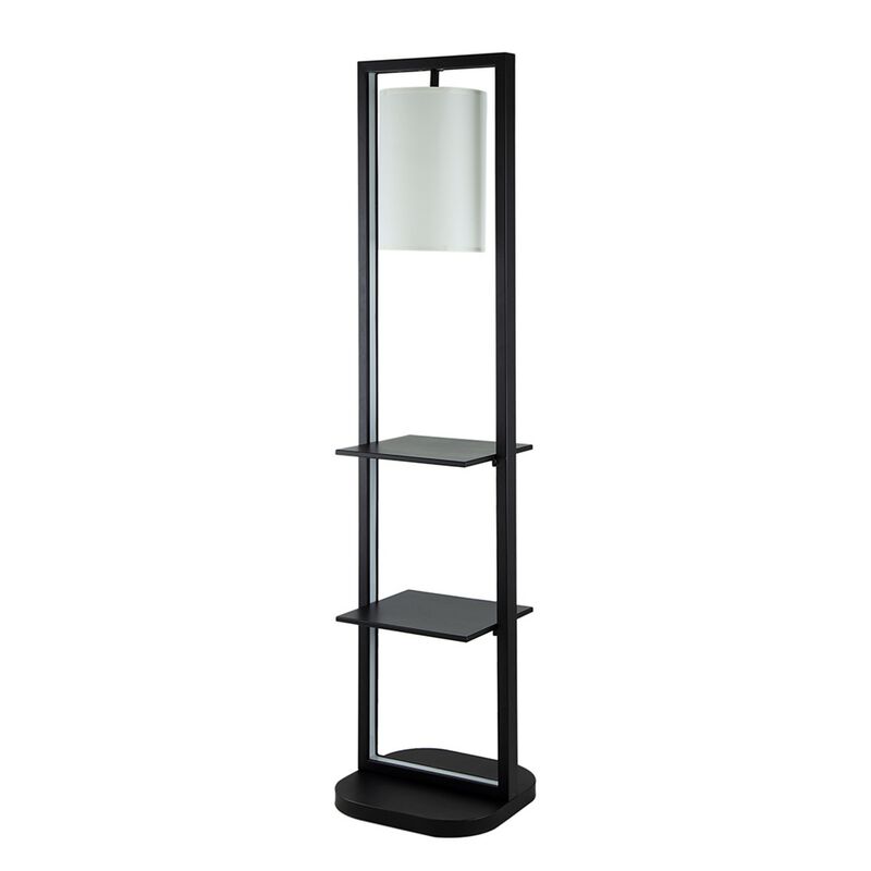74 Inch Floor Lamp with 2 Shelves, Round Lampshade, Black Iron, White - Benzara