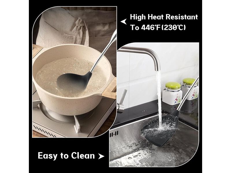 FJNATINH Silicone Wok Spatula and Ladle Tool Set,Stainless Steel Non Stick Heat-Resistant Kitchen Utensils