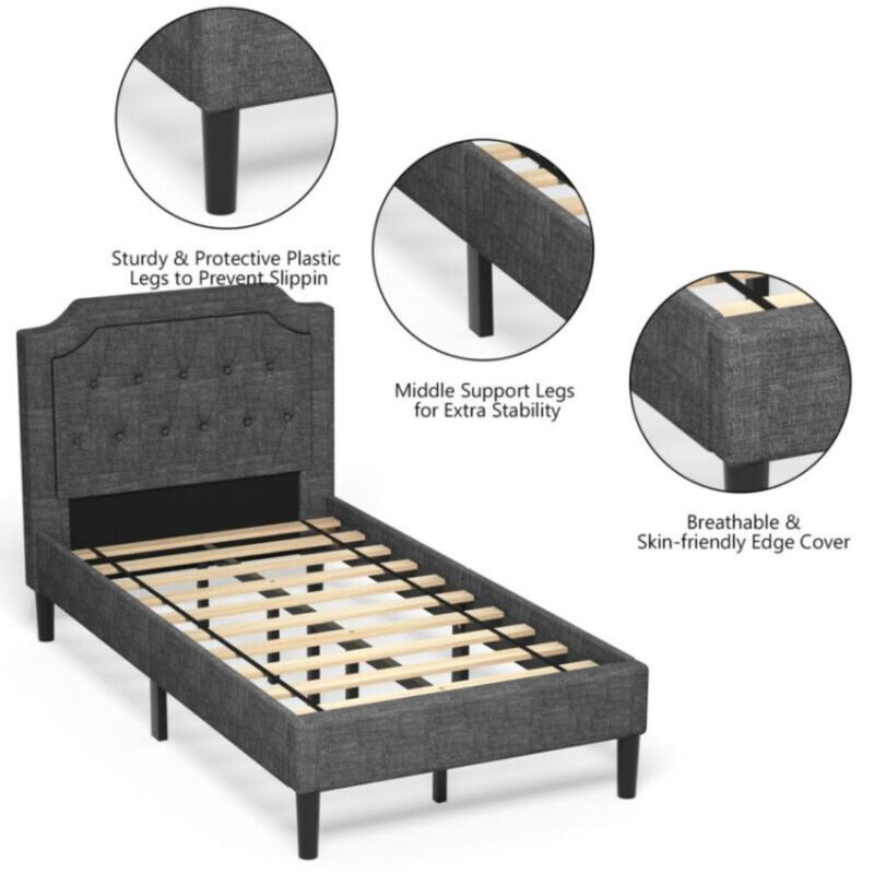 Hivvago Linen Twin Upholstered Platform Bed with Frame Headboard Mattress Foundation