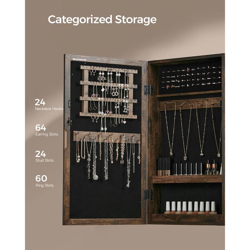 Space-Saving Wall-Mounted Jewelry Cabinet with Mirror and Lock - Rustic Brown Finish