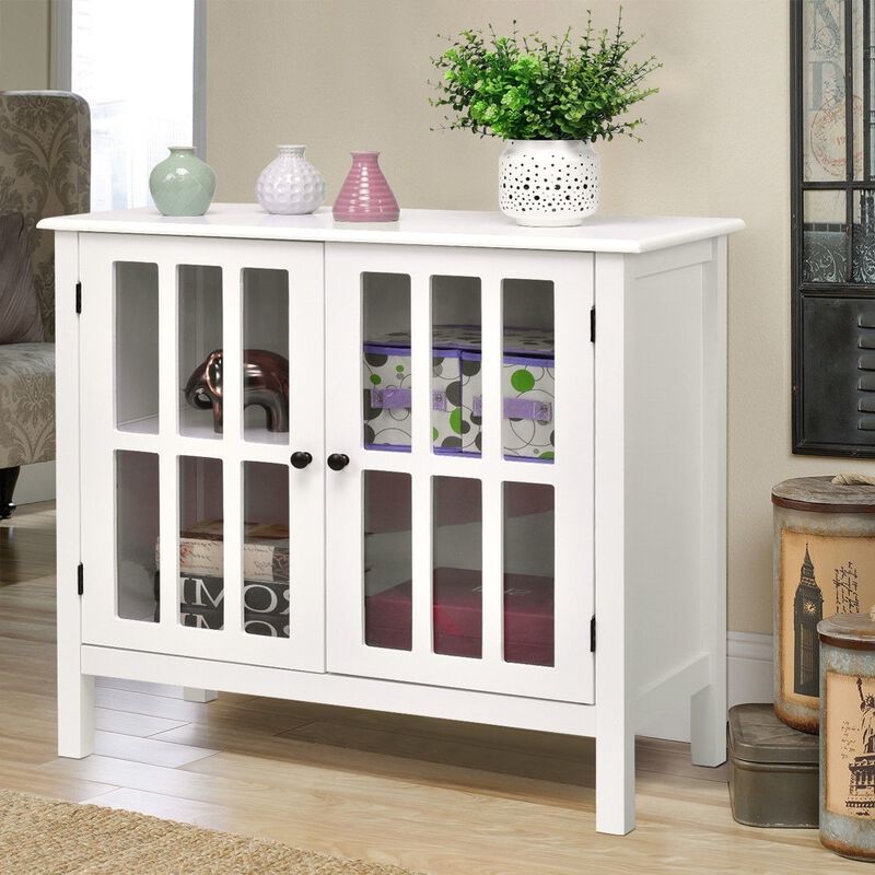 Hivvago White Wood Sideboard Buffet Cabinet with Glass Panel Doors