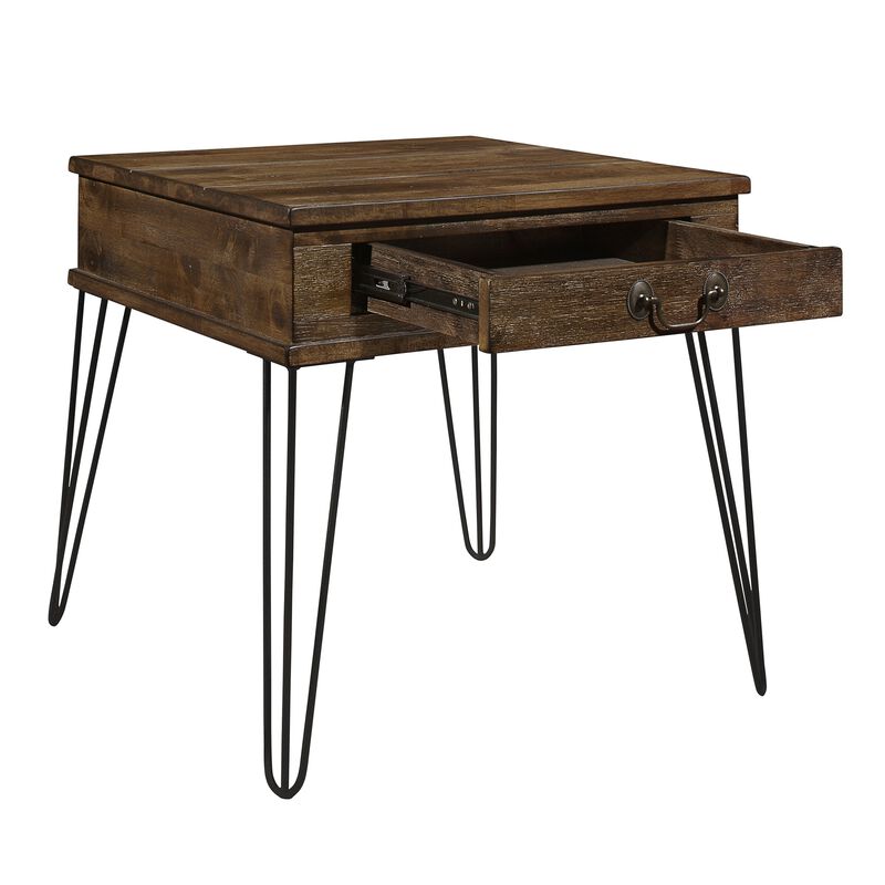 Itti 22 Inch Square Side End Table, 1 Drawer, Brown Solid Wood, Black - Benzara