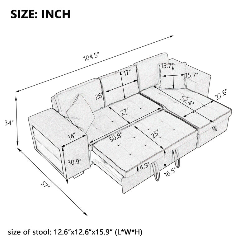3-Seat Sleeper Sofa Sectional with Storage Chaise & Stools