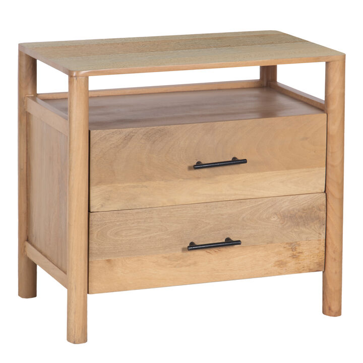 Geti 29 Inch Bedside Nightstand Table, Handcrafted Natural Oak White Mango Wood, 2 Drawer, Open Shelf