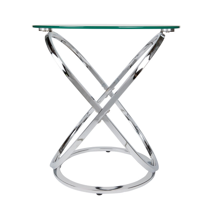 Galaxy Tempered Glass Round End Table with Cross Base Metal Frame