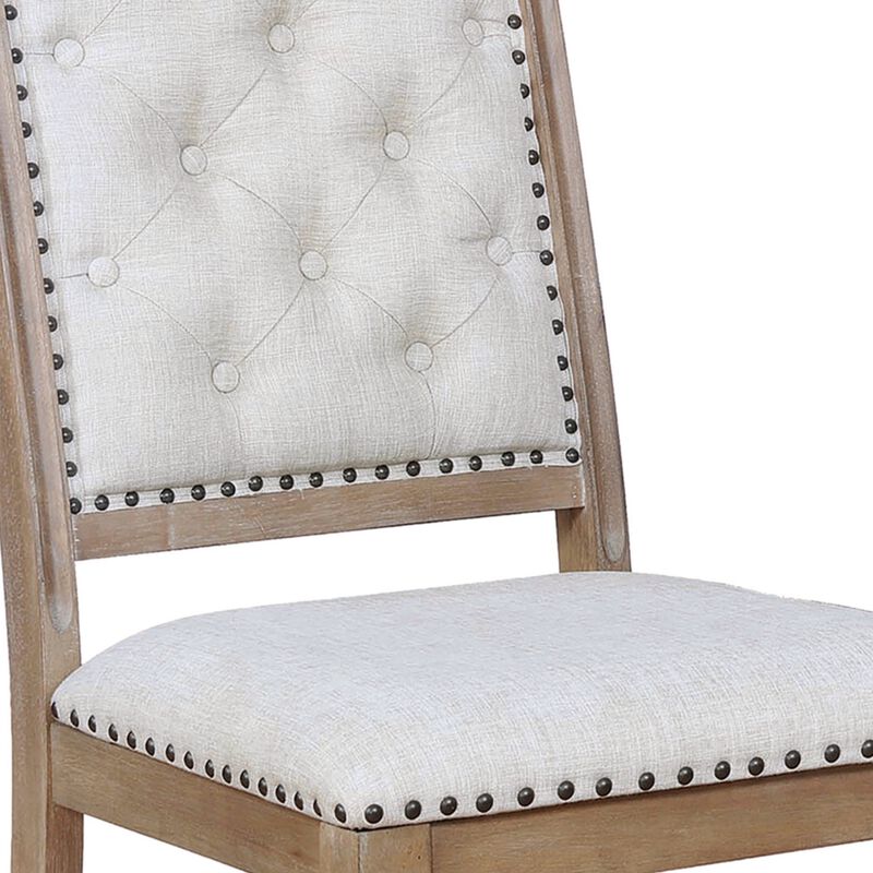 Button Tufted Fabric Side Chair with Cabriole Legs,Set of 2,Brown and Cream-Benzara