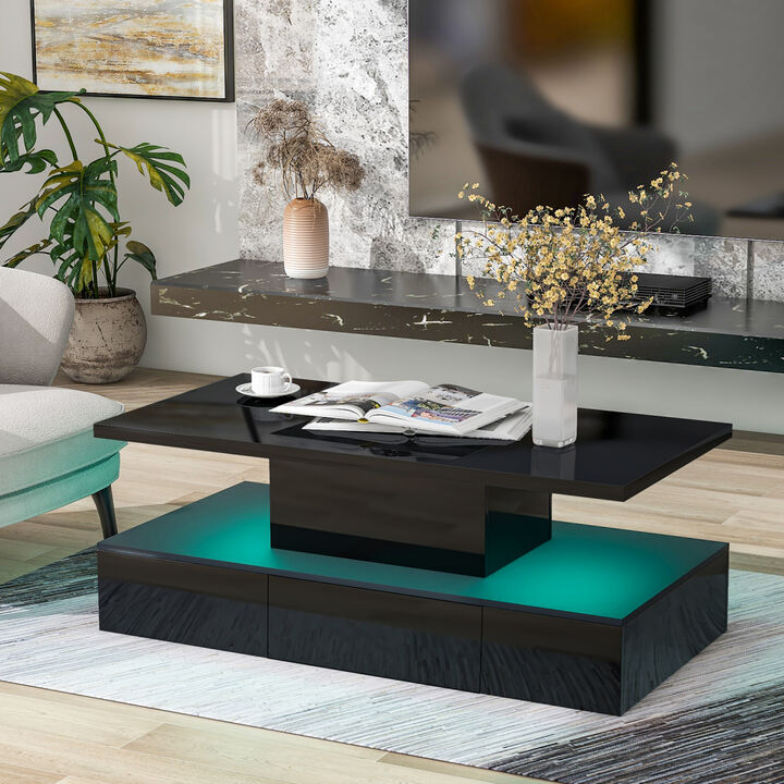 Modern Glossy Coffee Table with Drawer, 2-Tier Rectangle Center Table