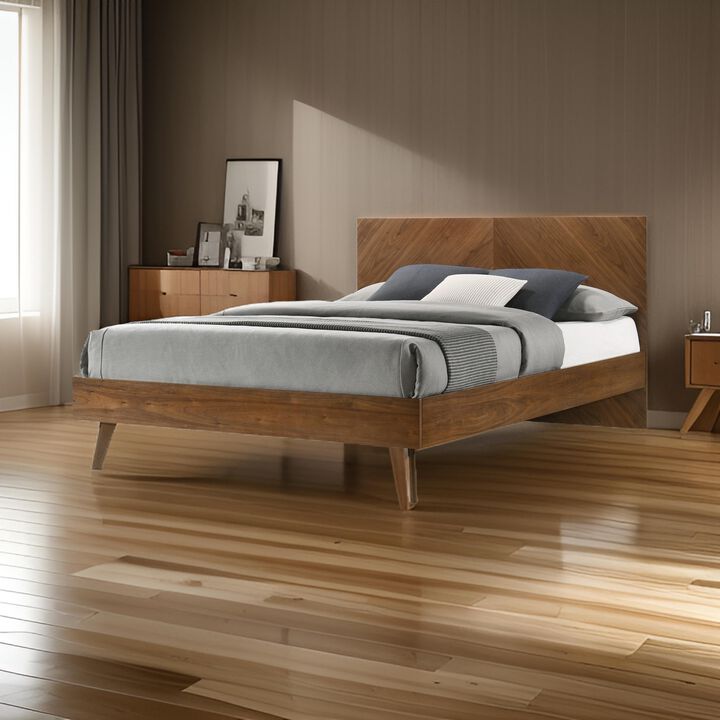 Nova Rem Queen Size Platform Bed, Chevron Pattern Headboard, Walnut Brown - Benzara