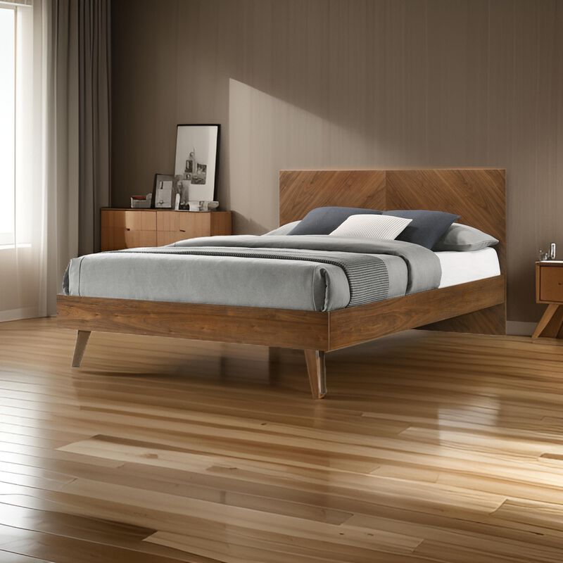 Nova Rem Queen Size Platform Bed, Chevron Pattern Headboard, Walnut Brown - Benzara