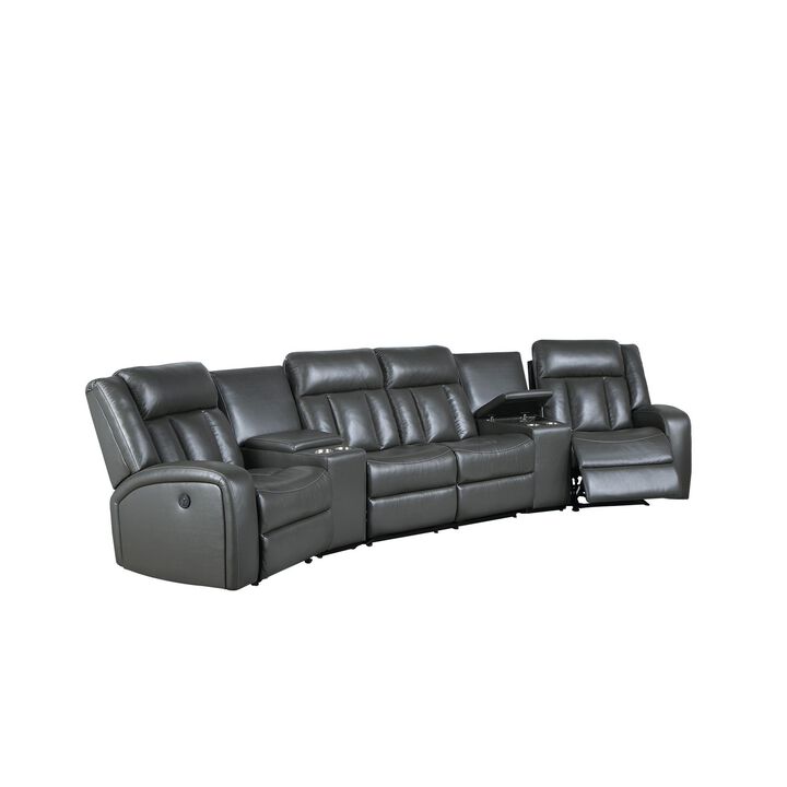 Max 5 Piece Modern Manual Recliner Sectional Set, Gray Vegan Faux Leather-Benzara