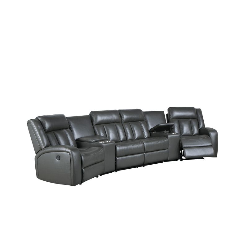 Max 5 Piece Modern Manual Recliner Sectional Set, Gray Vegan Faux Leather-Benzara