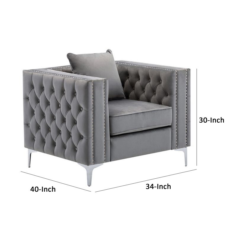 Joni 40 Inch Armchair, Chesterfield Design, Button Tufting, Gray Velvet-Benzara