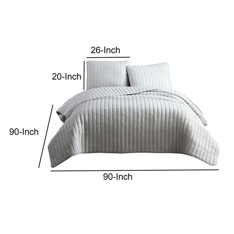 3 Piece Crinkle Queen Size Coverlet Set with Vertical Stitching,Light Gray-Benzara