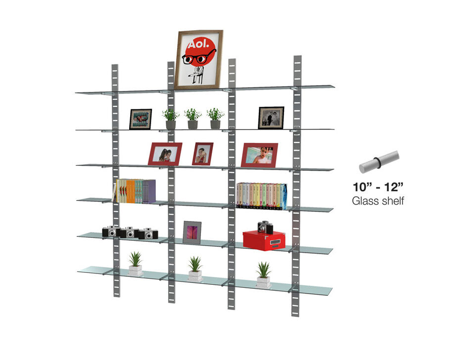 Trendy  Living Room Shelving System 91" High with 12 Glass Shelves 36" or 48" Length, 10"-12" Width- Shelves Sold Separately